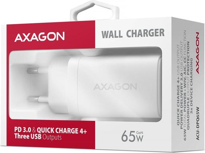 Image du produit Axagon ACU-DPQ65W, GaN nabíječka do sítě, 3x port (USB-A + dual USB-C), PD3.0/QC4+/PPS/Apple (65 W)