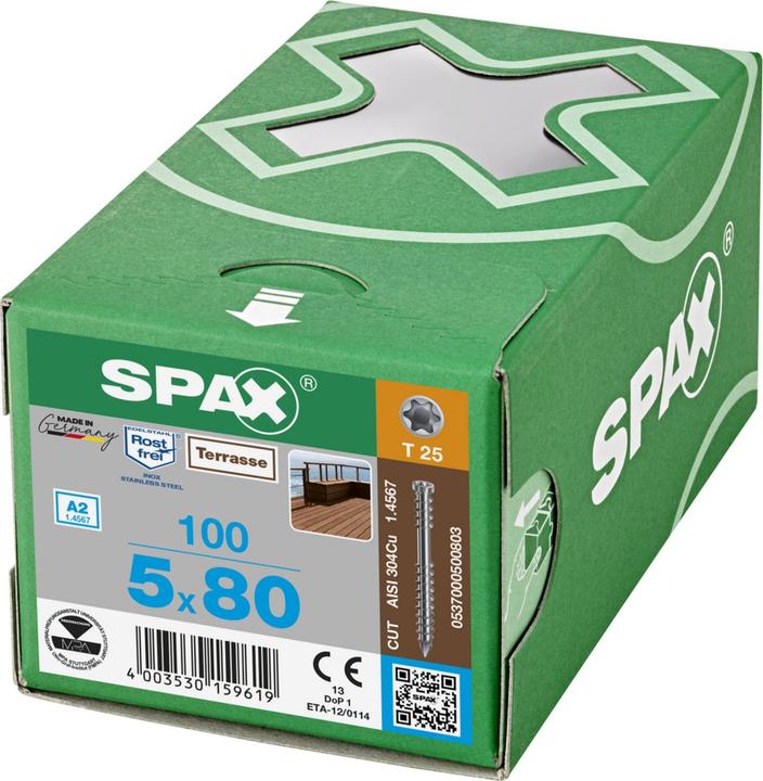 Productafbeelding Spax Terrasse A2 Zylinderkopf T-Star Plus T25 Fixiergewinde Cut (100 Schroeven per stuk, 5 x 80 mm)