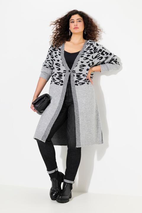 Produktbild Ulla Popken Long-Strickjacke, Leomuster, V-Ausschnitt, Langarm (58)