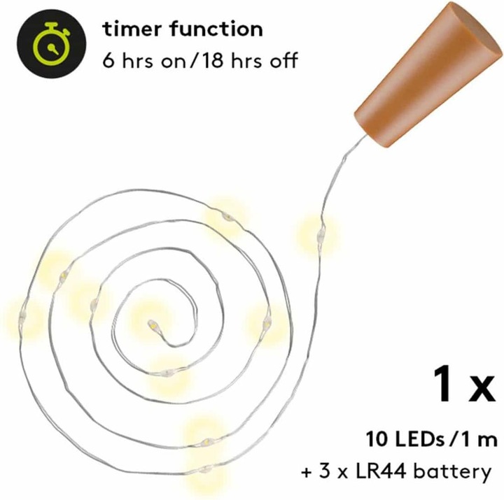 Immagine prodotto Goobay Catena luminosa a 10 LED per bottiglie, con timer, argento-marrone chiaro (0.95 m)