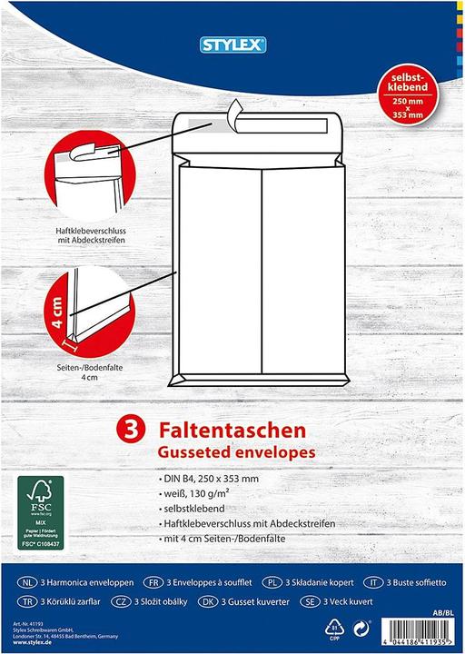 Productafbeelding Stylex Gevouwen enveloppen B4 ws 3st (3 x)