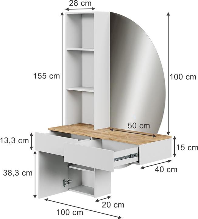 Actual product image Vichy Schminktisch Melora, Weiss/Eiche, 100 cm mit LED-Spiegel