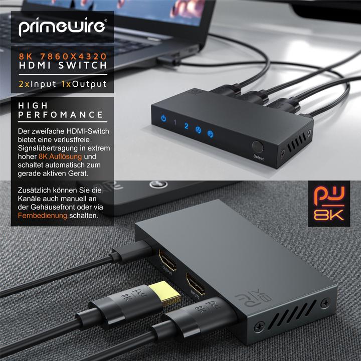 Actual product image Primewire 2-port HDMI 2.1 switch, 8K switch, 2 in 1 Out UHD, splitter with remote control, UHD 8k 4k 60 Hz