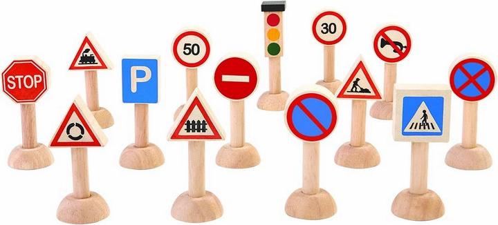Verkehrszeichen I: H= ca. 11 cm, Holz, 13 Designs, 15 Teile, per Set