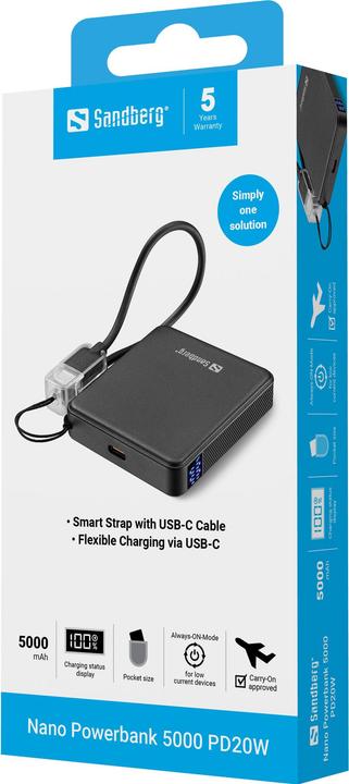 Immagine prodotto Sandberg Nano Powerbank 5000 PD20W (5000 mAh, 20 W, 18.50 Wh)
