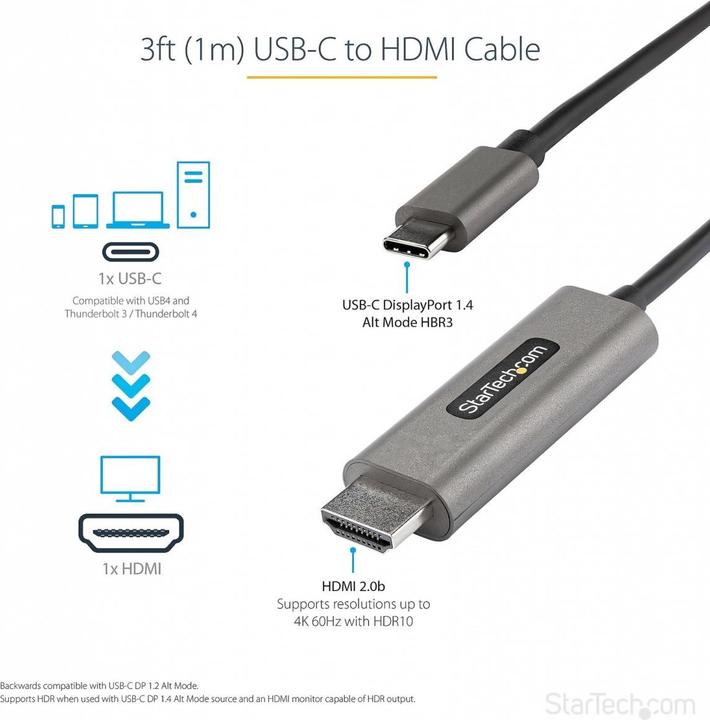 Actual product image StarTech USB-C to HDMI Cable with HDR10 - Ultra HD USB Type-C to HDMI 2.0b Video Adapter Cable - USB-C to (1 m)