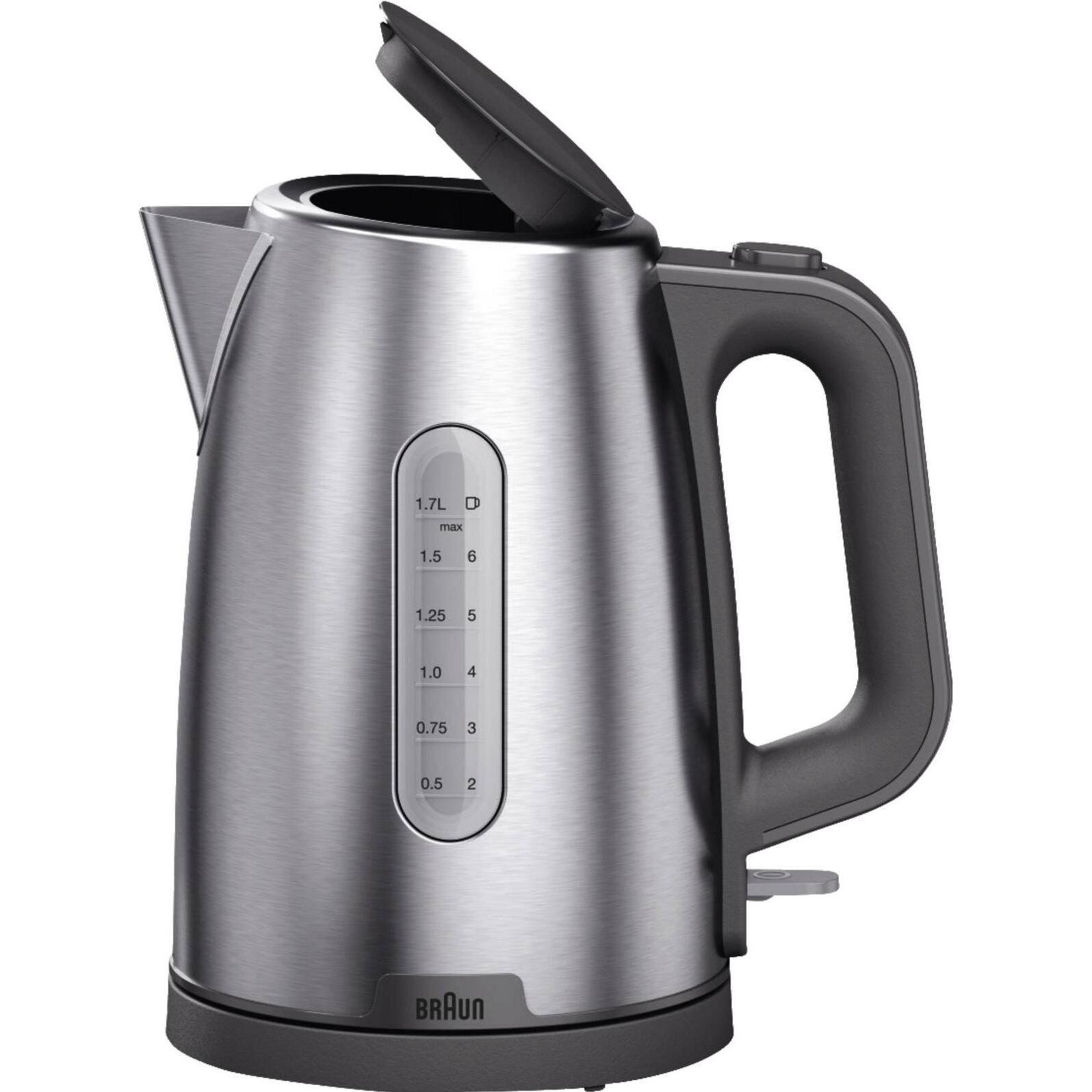 Braun Wasserkocher PurShine WK 1500 GY (edelstahl/grau, 1,7 Liter, 2.200 Watt), Bollitore, Grigio, Argento