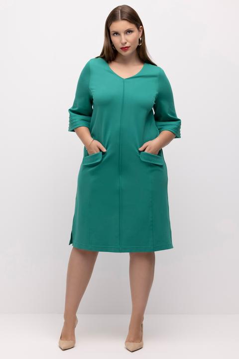 Image du produit Ulla Popken Robe midi en point de Rome, ligne en A, col en V, manches 3/4 (50, 52)
