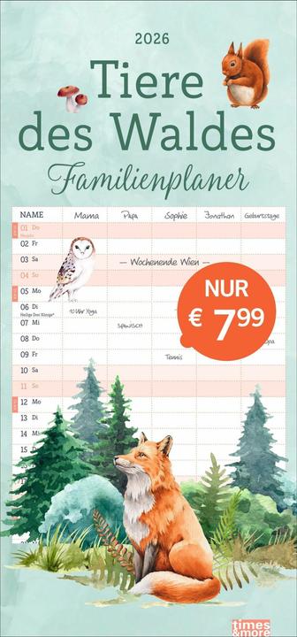 tm Tiere des Waldes Familienplaner 2026 (21 x 45 cm, Couverture rigide, Allemand)