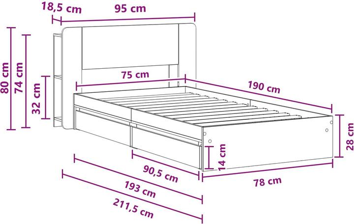 Produktbild vidaXL Bettrahmen (75 x 190 cm)