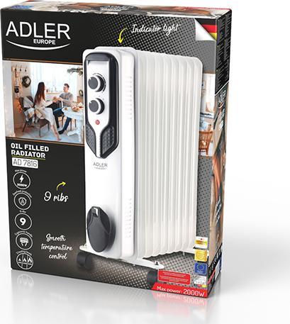 Produktbild Adler AD 7816 Oil-Filled Radiator, 9 Ribs, 3 Heating Powers: 800W-1200W-2000W, White (2000 W)