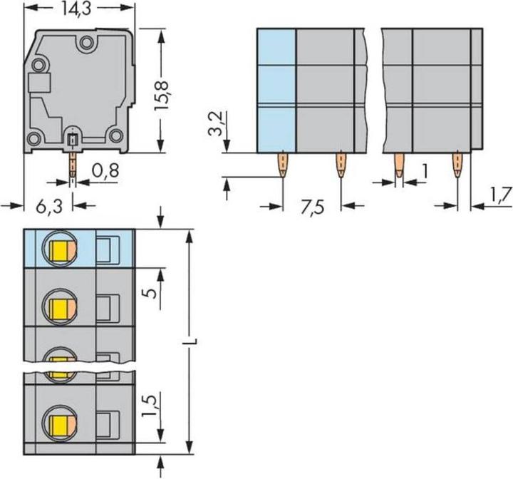 Actual product image Wago 739-207 Terminal block for printed circuit boards 0.08-2.5 qmm grey