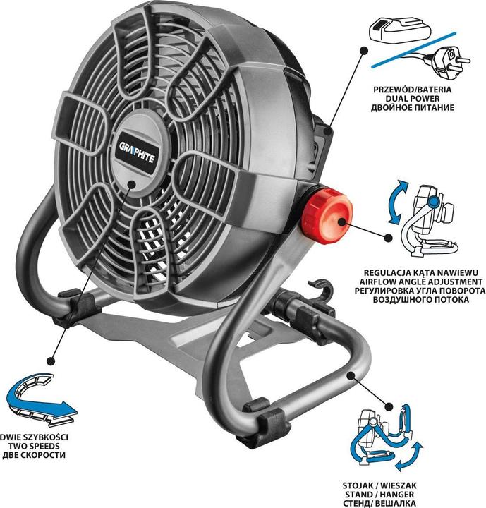 Produktbild Graphite Dual-Ventilator, akku- & kabelbetrieben, 18V Energy+ Li-Ion, ohne Akku