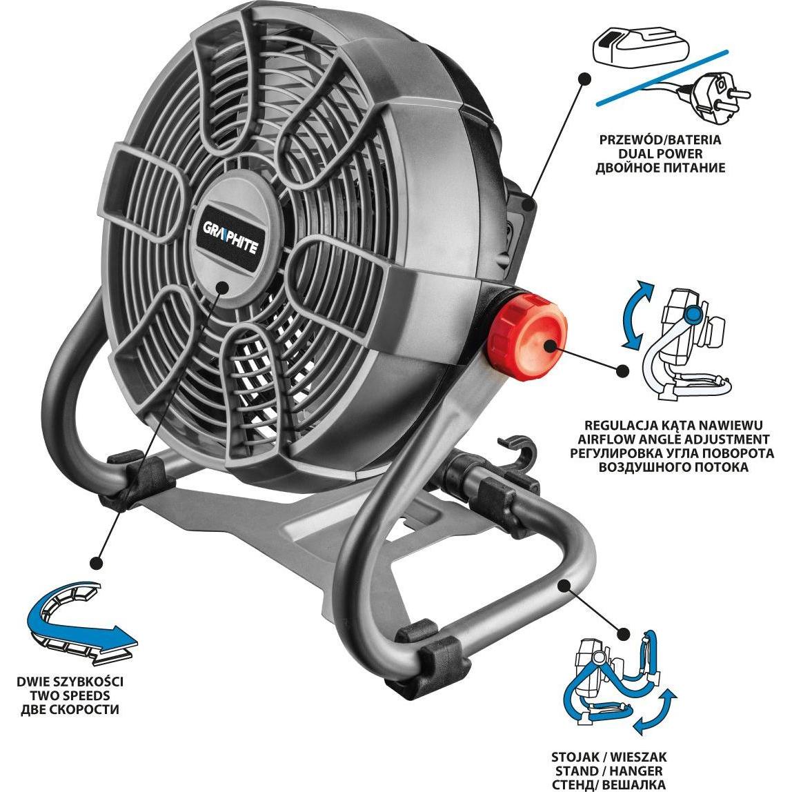 Graphite Dual-Ventilator, akku- & kabelbetrieben, 18V Energy+ Li-Ion, ohne Akku, Ventilator, Schwarz
