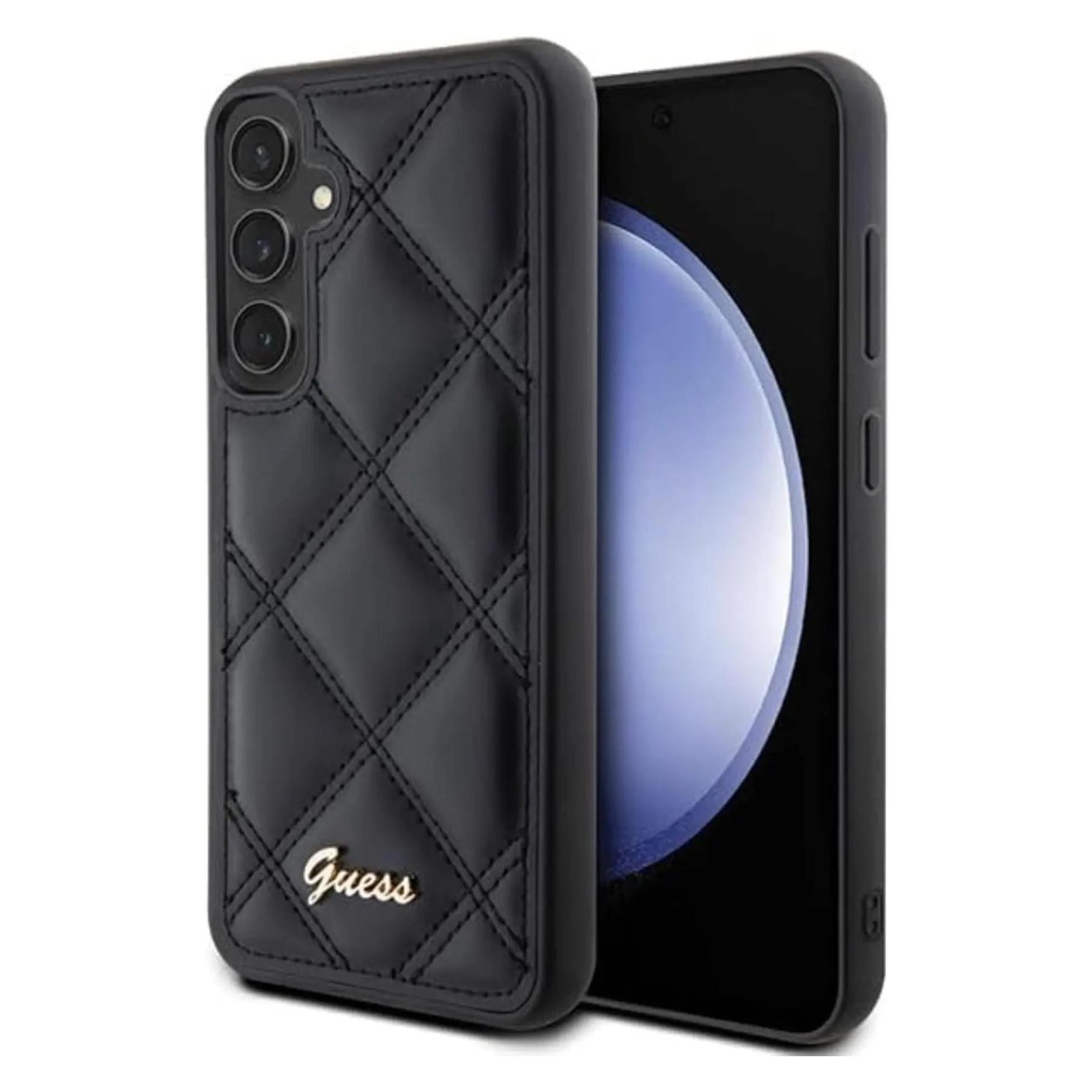 Guess GUHCS23FEPSQSQSK S23 Fe S711 Czarny/black Hardcase Quilted Metal Logo (Samsung Galaxy S23 Fe), Smartphone Hülle, Schwarz