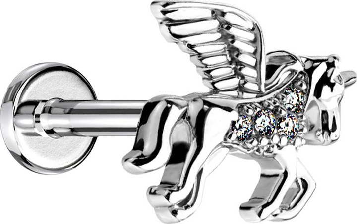 Actual product image Star Piercing Micro Labret internal thread silver unicorn with crystal (Brass, Surgical steel 316L)
