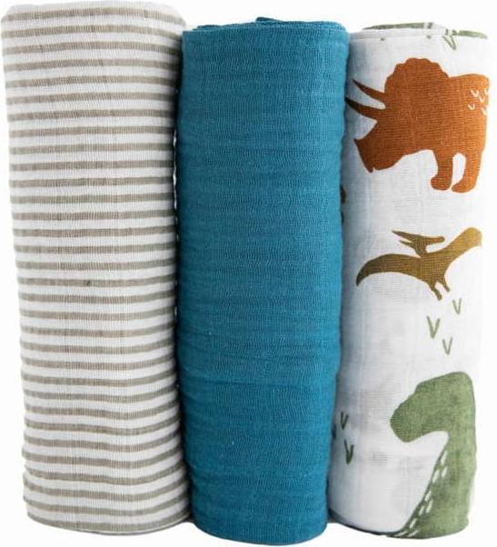 Actual product image little unicorn Cotton Muslin Swaddle 3 Pack - Dino Friends (120 cm, 120 cm)