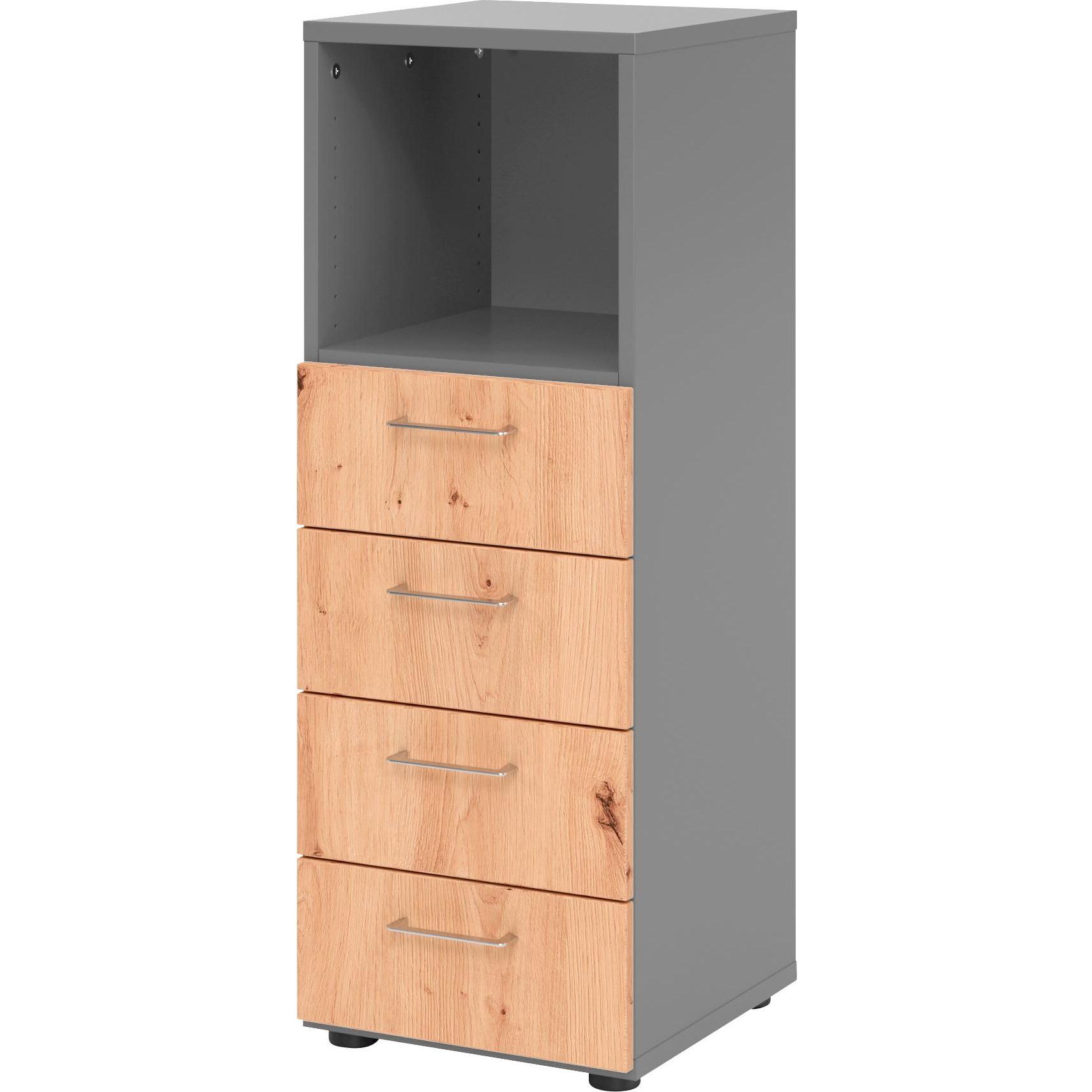0, Aktenschrank, Regal 3OH, 4 Schübe, BS Graphit/Asteiche