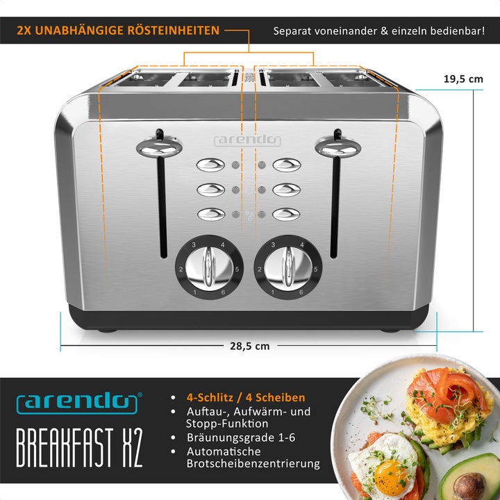 Produktbild Arendo Edelstahl Toaster 4 Scheiben, Automatik, Edelstahl, Wärmeisolierendes Doppelwandgehäuse, silber