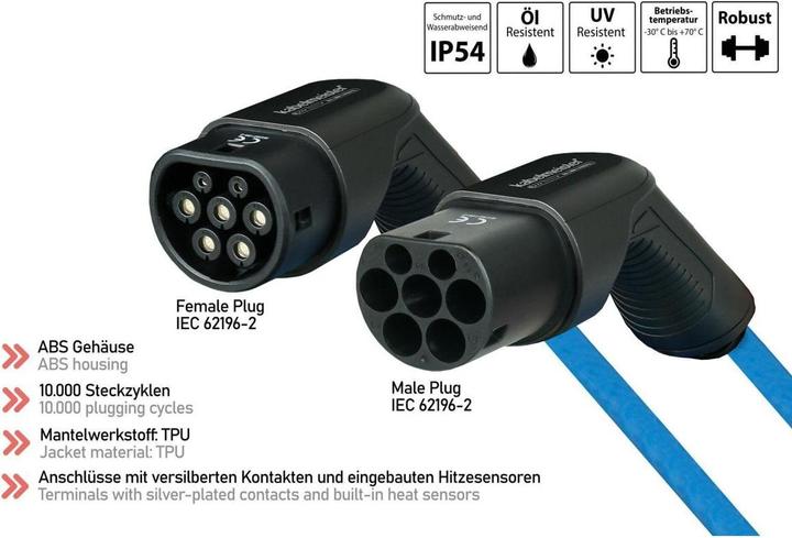 Actual product image Kabelmeister E-car spiral charging cable, type 2 plug to socket, 32 A, 5 m, blue (Type 2, 22 kW, 32 A, 5 m)
