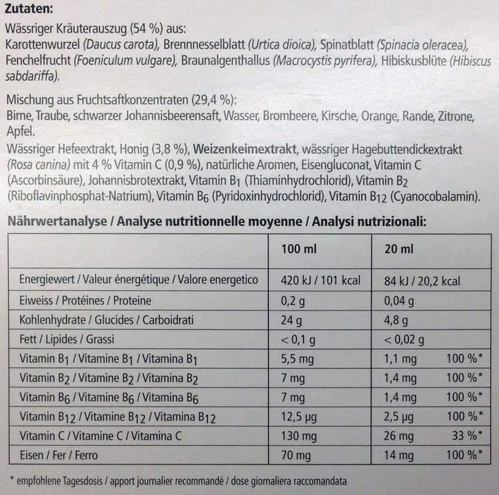 Nährwerte und Zutaten Salus Vitamine und organisches Eisen (1 Stück, Flüssigkeit, 614 g)