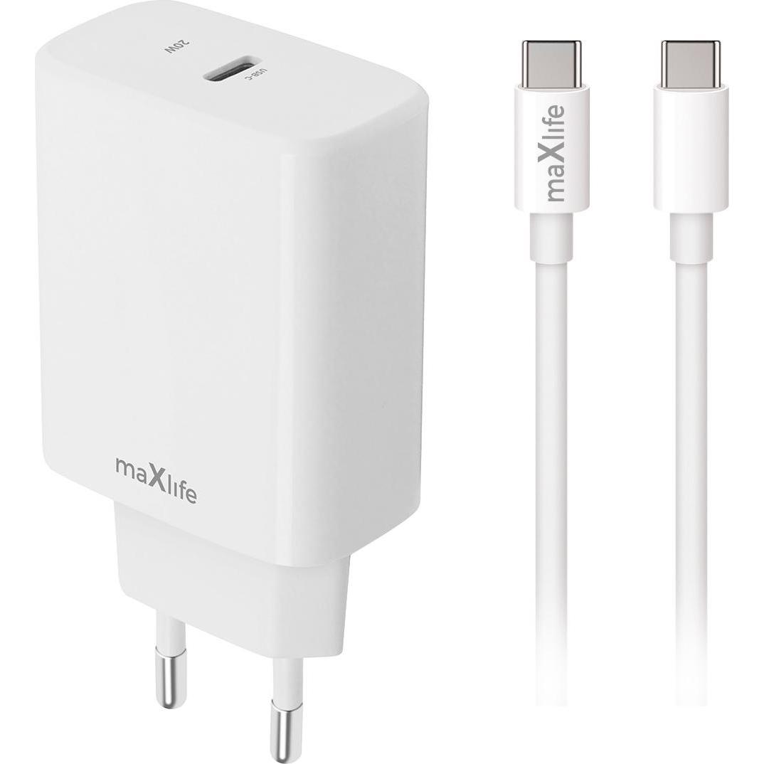 Maxlife MXTC-10-20C PD QC charger 1x USB-C 20W white + USB-C - USB-C cable 20W (20 W, 1 porzione), Caricatore USB, Bianco