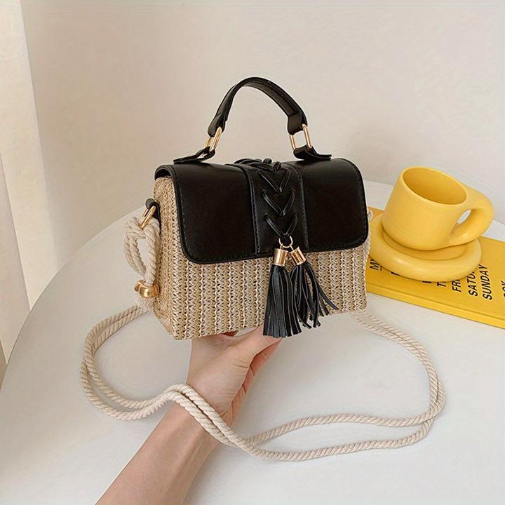 Immagine prodotto Only-Bags.Store Borse di paglia intrecciata con decorazioni di nappe, mini borsa da spiaggia con cinturino, manico