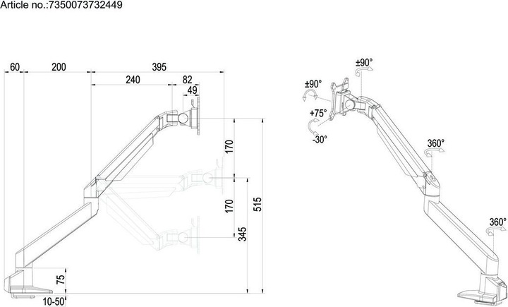 Actual product image Multibrackets Gas lift arm single (Table, 32")