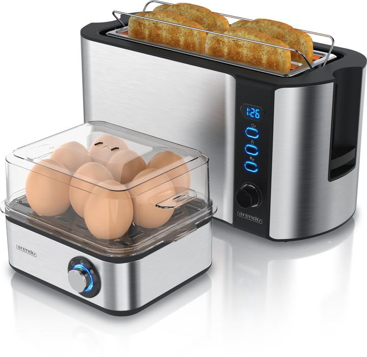 Produktbild Arendo Frühstücks Set, 4 Scheiben Langschlitz Toaster mit Brötchenaufsatz & Eierkocher für 8 Eier, Silber