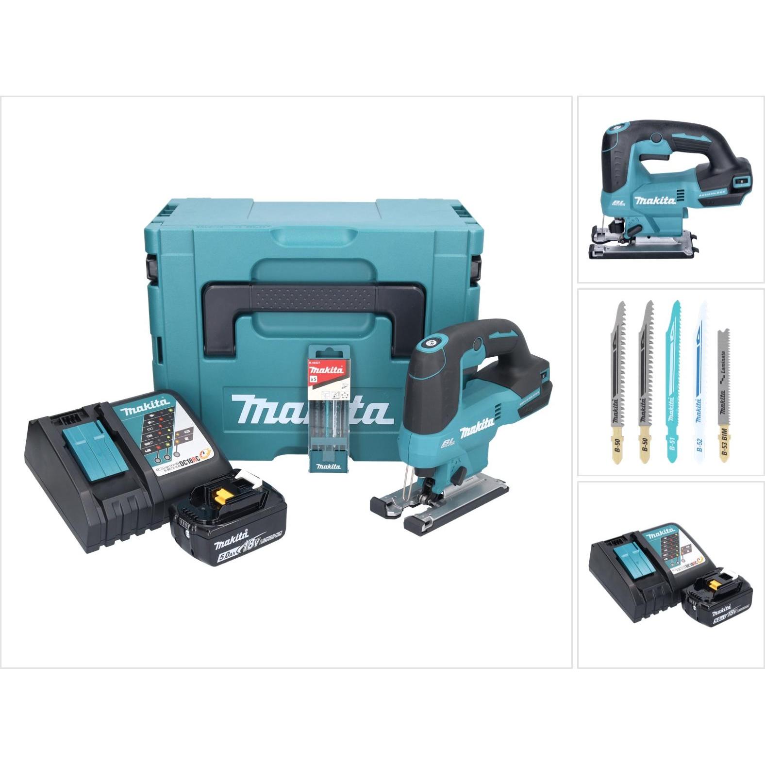Makita, Stichsäge, DJV 184 RT1J Akku Stichsäge 18 V Brushless + 1x Akku 5,0 Ah + Ladegerät + 5 tlg.