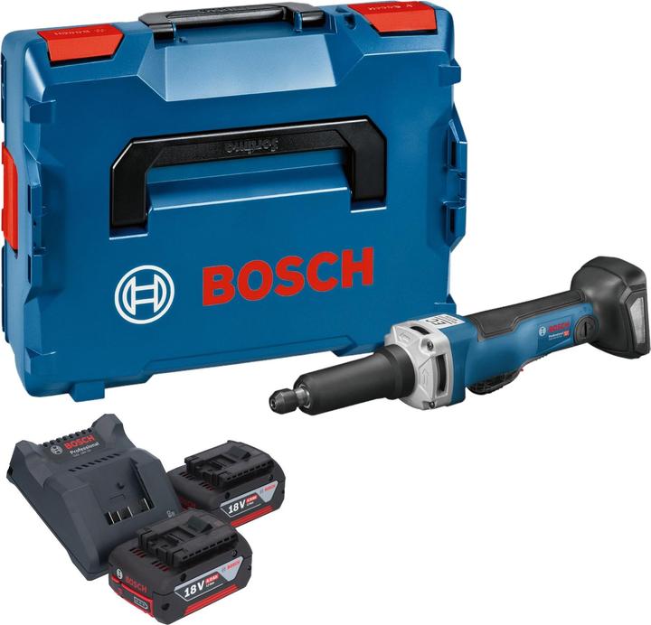 4000 mAh Li-Ion Akku, 1x Bosch GAL 18V-20 Akku Ladegerät 10,8 - 18 V 2 A, 1x Einmaulschlüssel 19 mm, 1x Einmaulschlüssel 13 mm, 1x Spannzange mit Spannmutter 6 mm, 1x Bosch GGS 18V-23 PLC Professional Akku Geradschleifer, 2x Bosch GBA 18 V, 4 Ah