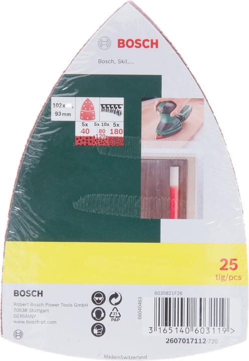 Produktbild Bosch Zubehör Schleifblatt-Set für Multischleifer, 25-teilig, 11 Löcher, 102 x 62 mm, 40 - 180 (40, 80, 120, 180)
