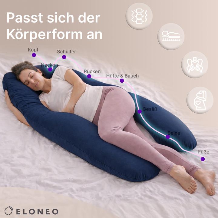 Produktbild Eloneo Seitenschläferkissen mit Bezug, Stillkissen, Schwangerschaftskissen XXL, Blau (153 x 97 cm)