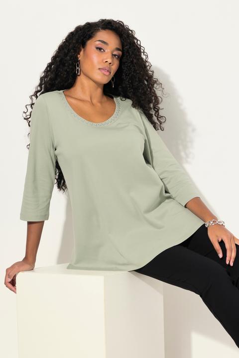 Image du produit Ulla Popken T-shirt coupe évasée, manches 3/4 et petits strass fantaisie tout autour du col rond (42, 44)