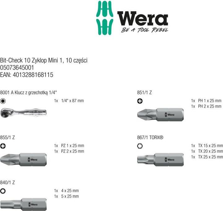 Produktbild Wera Bit-Check 10 Zyklop Mini 1 (Kreuz Pozidriv PZ, Kreuz Phillips PH)