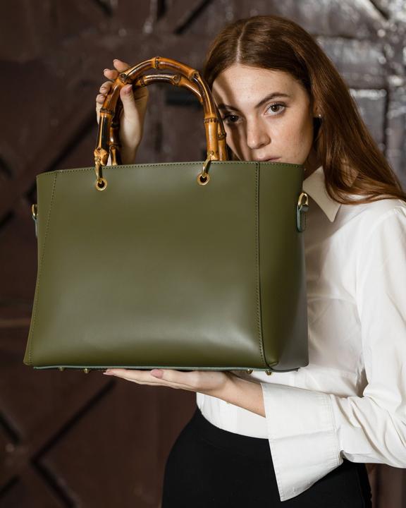 Immagine prodotto Only-Bags.Store Borsa con manico in bambù, borsa in pelle, borsa in vera pelle, borsa a tracolla, fatta a mano
