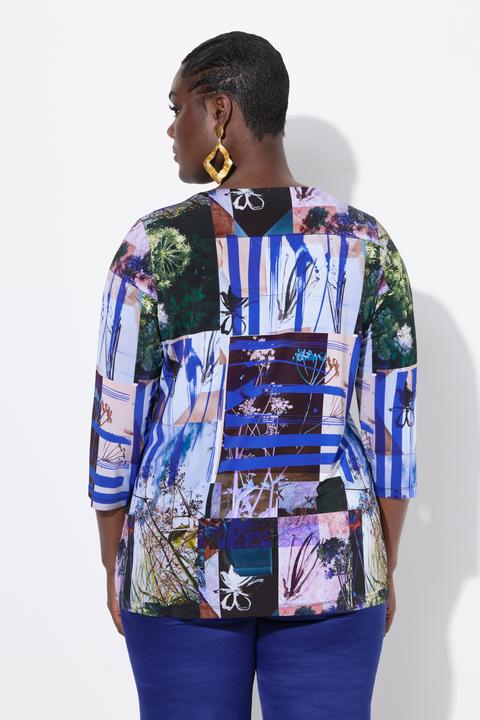 Immagine prodotto Ulla Popken Maglia dal taglio svasato in tessuto fluente con stampa patchwork, scollo a cuore e maniche a 3/4 (60)