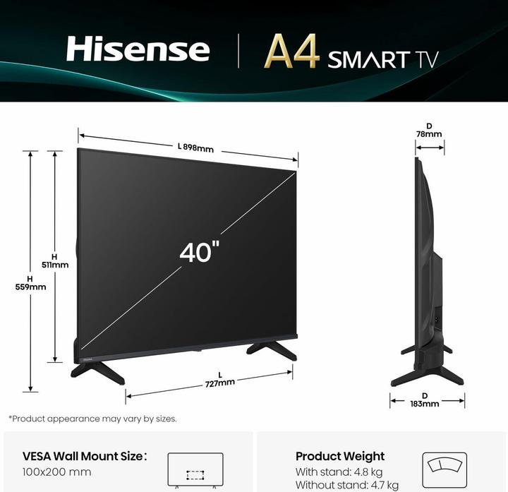 Image du produit Hisense TV 40A4Q (40", LED, Full HD)