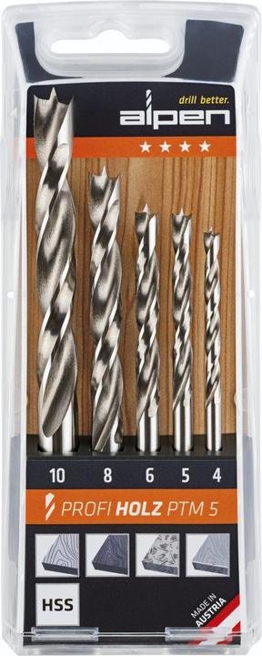 Actual product image Alpen Wood twist drill set 5 pieces (4 mm, 8 mm, 10 mm, 6 mm, 5 mm)
