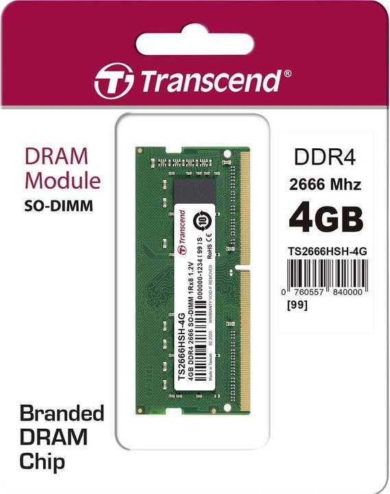 Produktbild Transcend DDR4 4 GB (1 x 4GB, 2666 MHz, DDR4-RAM, SO-DIMM)