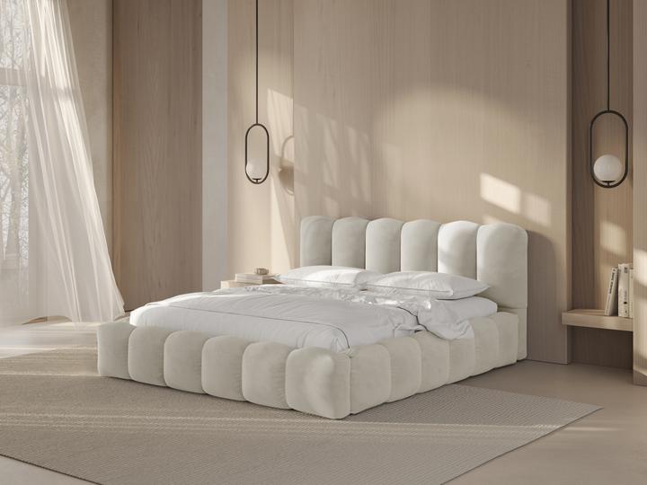 Actual product image Micadoni Velvet Storage Bed With Headboard, "Lupine", Beige, 226x166x95 Made in Europe (140 x 200 cm)