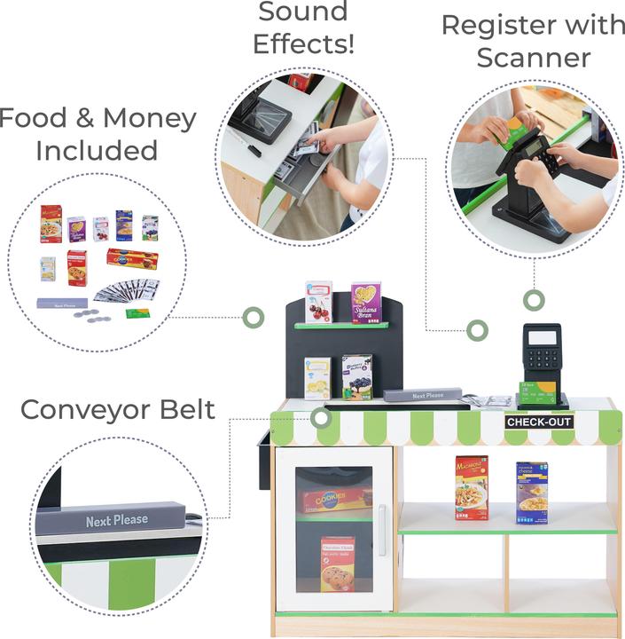 Produktbild Teamson Kids Spielkasse Austin fr Kinder Interaktive Kasse mit 26 Zubehrteilen aus Holz Grn/Wei