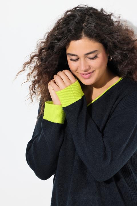 Immagine prodotto Ulla Popken Maglione con orli fluo, scollo a V e maniche lunghe (50, 52)