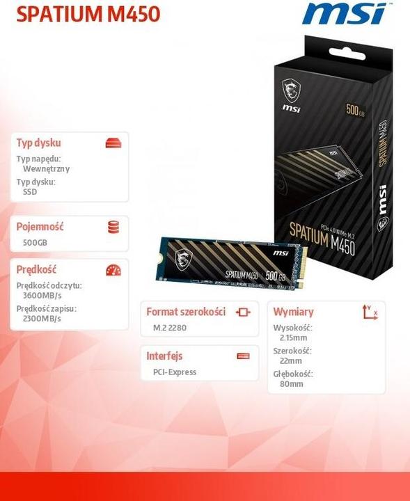 Actual product image MSI SSD SPATIUM M450 PCIE 4.0 NVME M.2 500GB V (500 GB, M.2 2280)
