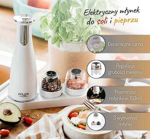 Productafbeelding Adler Elektrische zout- en pepermolen AD 4449w 7 W, Behuizing ABS-kunststof, Lithium, Matwit