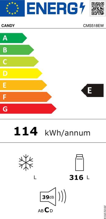 Energie-Label Candy CMS518EW Eintüriger Einbaukühlschrank 316 (316 l)