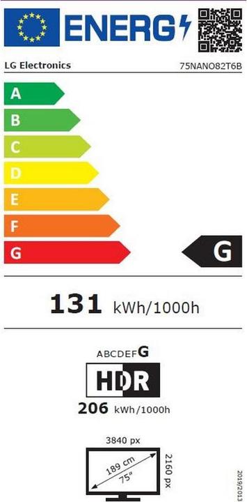 Energy Label LG TV 75NANO82T6B 75, 3840 x 2160 (Ultra HD 4K), LED-LCD (75", NANO82, Nano-Cell, 2024)