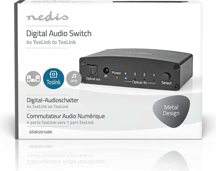 Produktbild Nedis Digital-Audio-Switch | 4-Wege | Anschlüsse – Eingang: DC Power / 4x TosLink | Anschlüsse – Aus