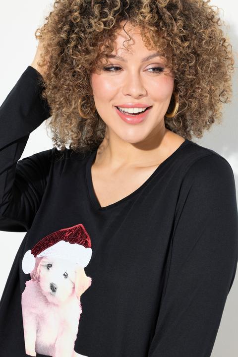 Produktbild Ulla Popken Weihnachtsshirt, Welpe, A-Linie, V-Ausschnitt, Langarm (56)