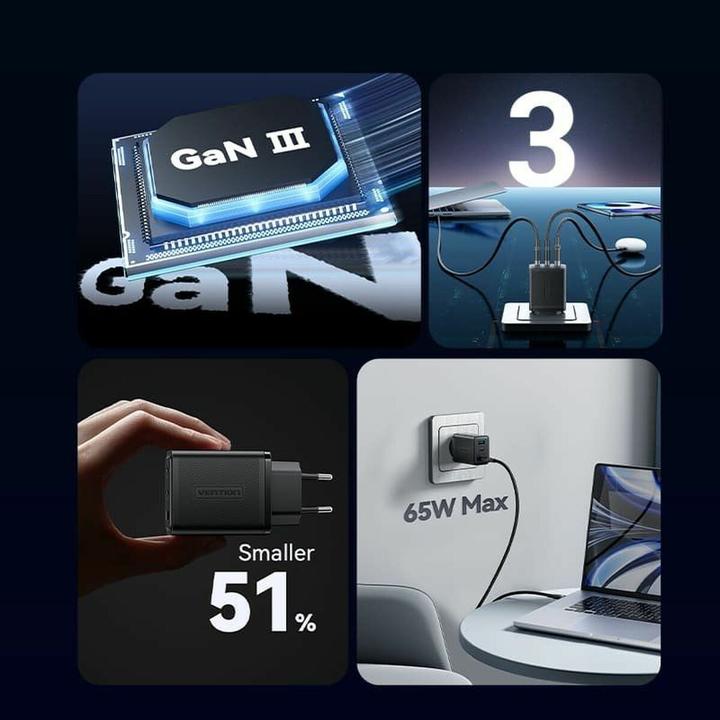 Image du produit Vention Wall charger,, FERW0-UE, 2xUSB-C, USB- A, 65W/65W/30W, GaN (white) (65 W)